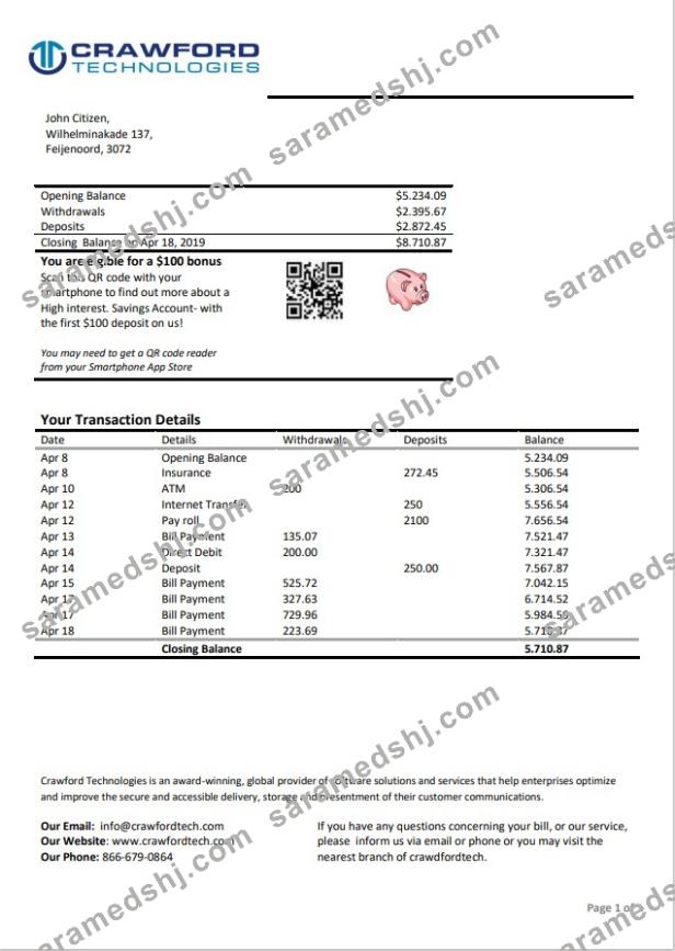 Netherlands (Holland) Crawford Technologies bank statement template in Word and PDF format